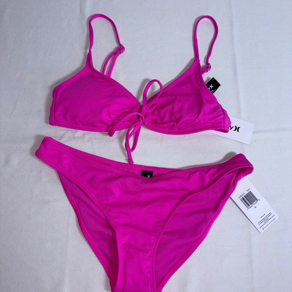 Hurley Bikini Set Medium Fuchsia Pink New Triangle Tie Front Low Rise Swimsuit